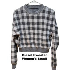 Diesel Women Black Grey Buffalo Plaid Cropped Sweatshirt Crew Neck Small